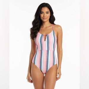 Maaji Reversible Swimsuit Pink Striped Lace Up
